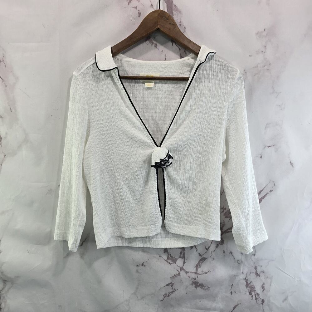 Maeve Top Womens Small White Black Gauze Flower Rosette Topper Cardigan